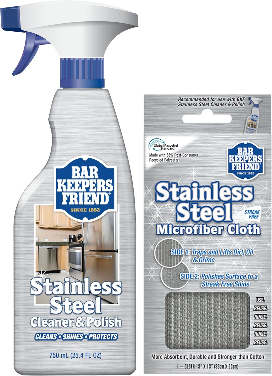Bar Keepers Friend Stone & Granite Cleaner and Polish (25.4 oz) Plus 1 Microfiber Cloth, 2pc Cleaning Kit, Multi Surface Cleaner for Use on Natural, Manufactured & Polished Stone Countertops