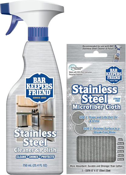 Bar Keepers Friend Stone & Granite Cleaner and Polish (25.4 oz) Plus 1 Microfiber Cloth, 2pc Cleaning Kit, Multi Surface Cleaner for Use on Natural, Manufactured & Polished Stone Countertops