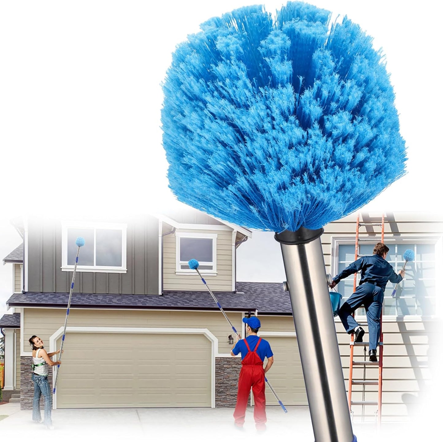 Extended Reach Cobweb Duster with 8-Foot Pole - Medium Bristle Brush for Ceiling, Wall, and Indoor/Outdoor Cleaning, Lightweight Stainless Steel (10FT)