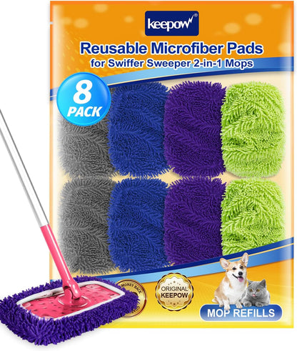 KEEPOW Reusable Microfiber Mop Pads Compatible with Swiffer Sweeper, Dry Sweeping Cloths, Washable Wet Mopping Cloth Refills for Hardwood Floor Cleaning, 6 Pack