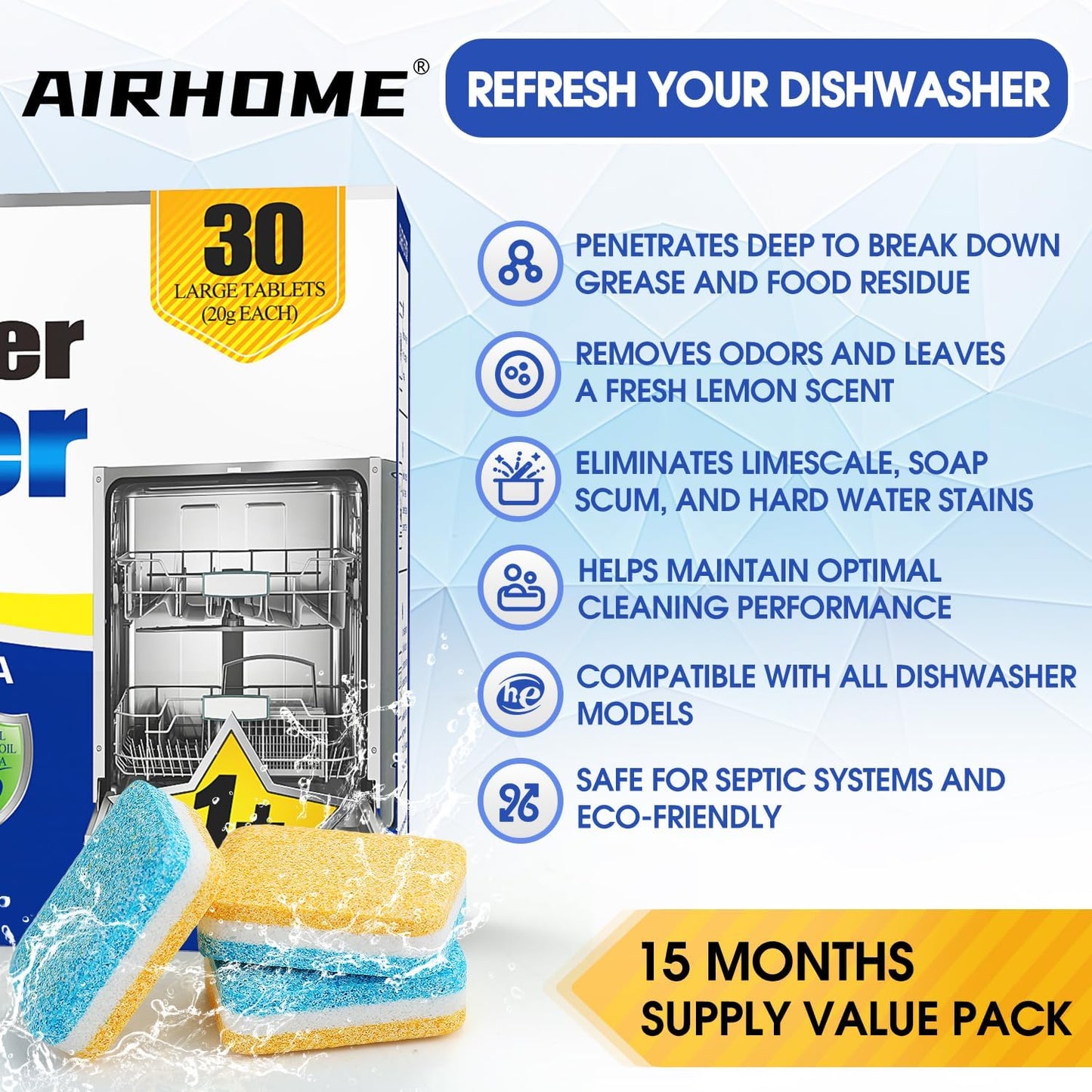 Dishwasher Cleaner Tablets,20g 30-Count Deodorizing Pods (15-Month Supply) - Heavy-Duty Descaler Removes Limescale, Minerals, Grease & Odors, Lemon Scent