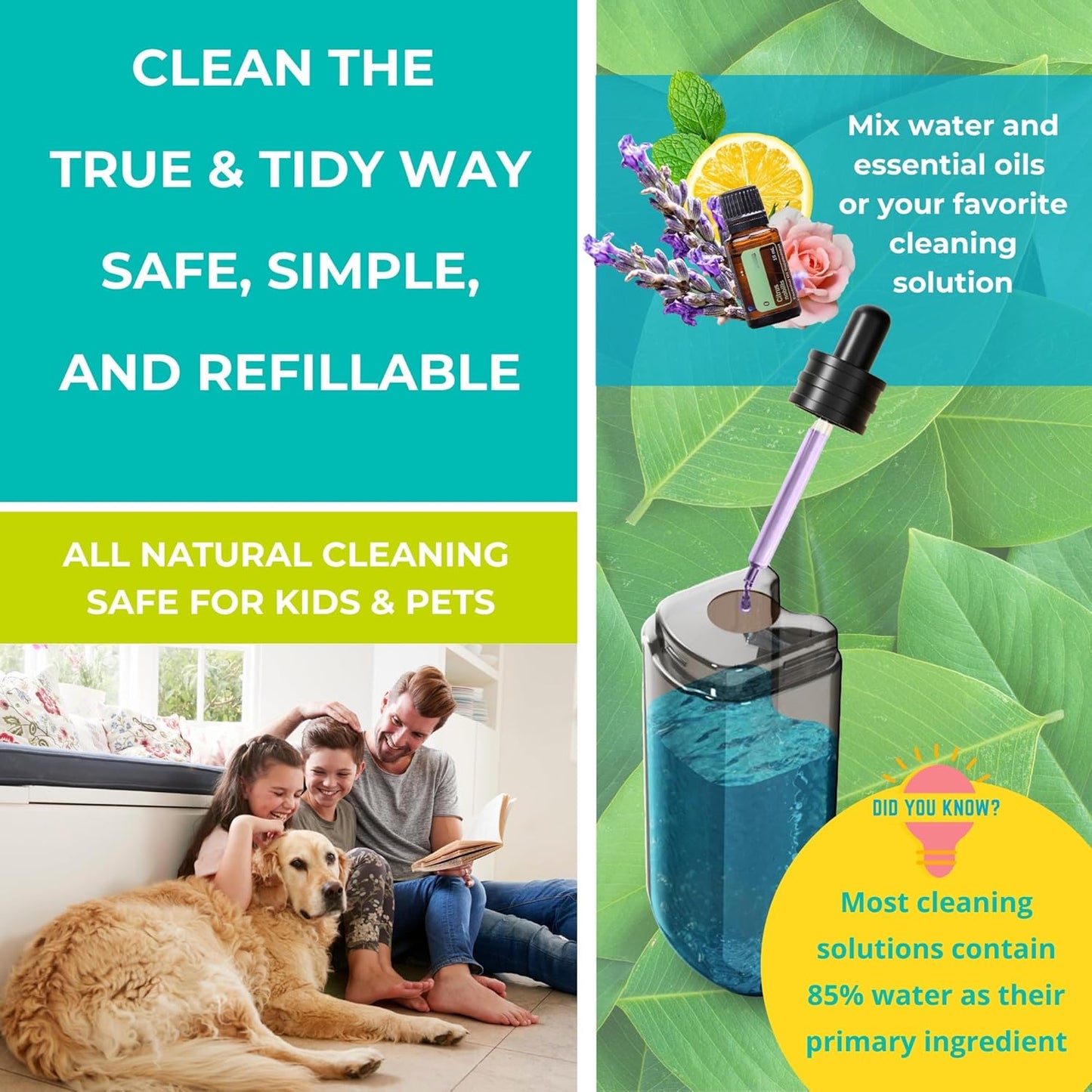 True & Tidy® Clean Everywhere Spray Mop Kit with 3 Interchangeable Heads & Refillable Tank - Flat, Round, Squeegee (Pink)