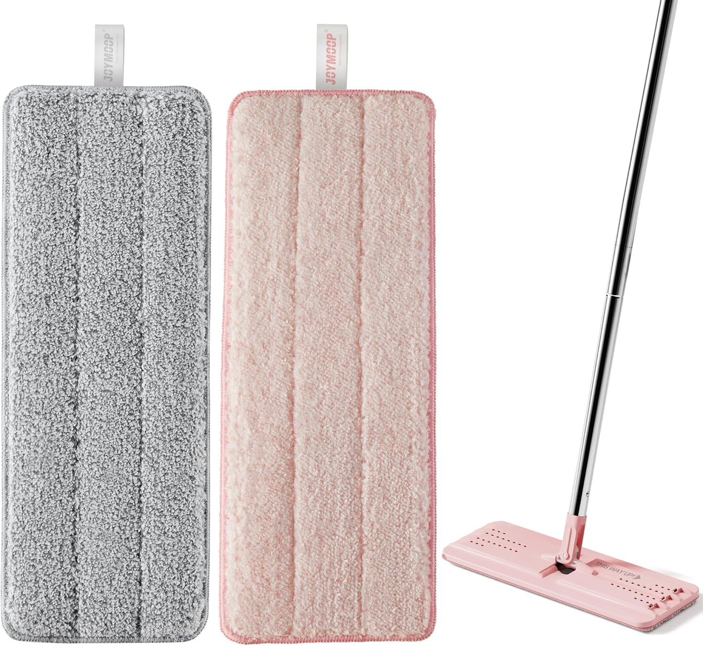 JOYMOOP 17.7-Inch Microfiber Flat Mop Replacement Pads – Washable Reusable Grey & Stripe, Pack of 4 Heavy-Duty Wet & Dry Refill for JOYMOOP Flat Mop & Bucket System