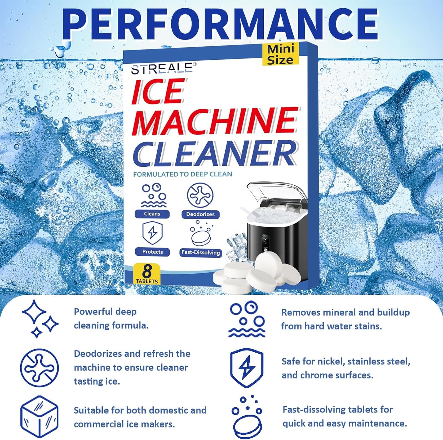 Ice Machine Cleaner Maker and Descaler - 24 Ice Maker Cleaner Tablets Compatible with All Major Brands, Nickel Safe Descaler Countertop Portable Commercial Icemaker Cleaning Solution