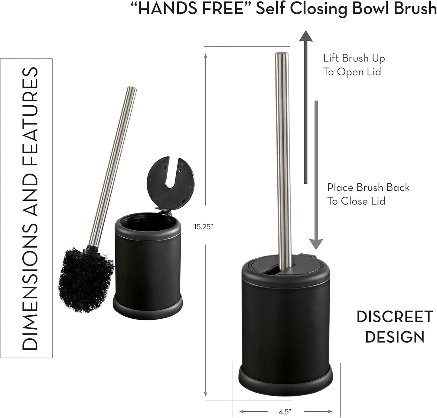 Bath Bliss Toilet Brush and Holder | Self Closing Lid | 360 Degree Brush Head | Bathroom Cleaning | Compact Size | Storage and Organization | Stainless Steel
