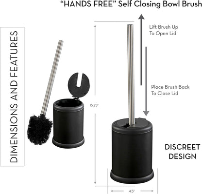 Bath Bliss Toilet Brush and Holder | Self Closing Lid | 360 Degree Brush Head | Bathroom Cleaning | Compact Size | Storage and Organization | Stainless Steel