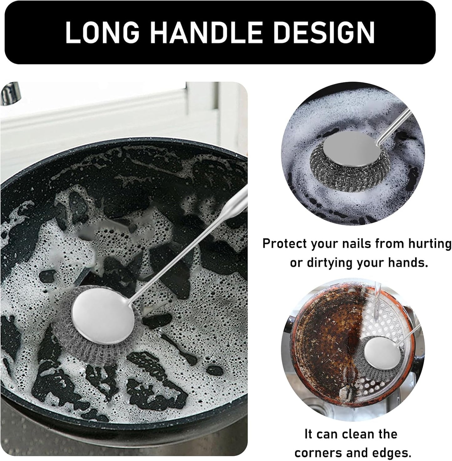 Stainless Steel Wool Metal Wire Scrubber Sponge Scouring Pads Brush Set with Handle for Cleaning Dishes,Pots and Pans,Kitchen Cast Iron,Stoves, Sink,Cooking Tools,Silver(7pcs)