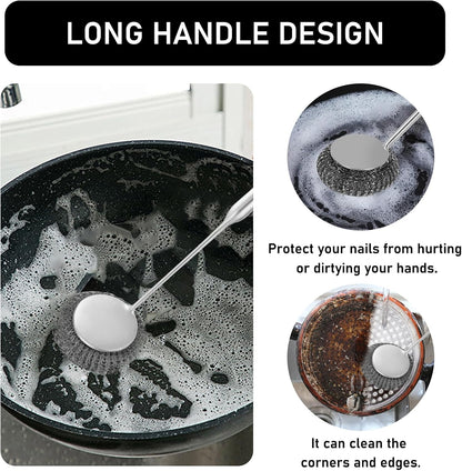 Stainless Steel Wool Metal Wire Scrubber Sponge Scouring Pads Brush Set with Handle for Cleaning Dishes,Pots and Pans,Kitchen Cast Iron,Stoves, Sink,Cooking Tools,Silver(7pcs)