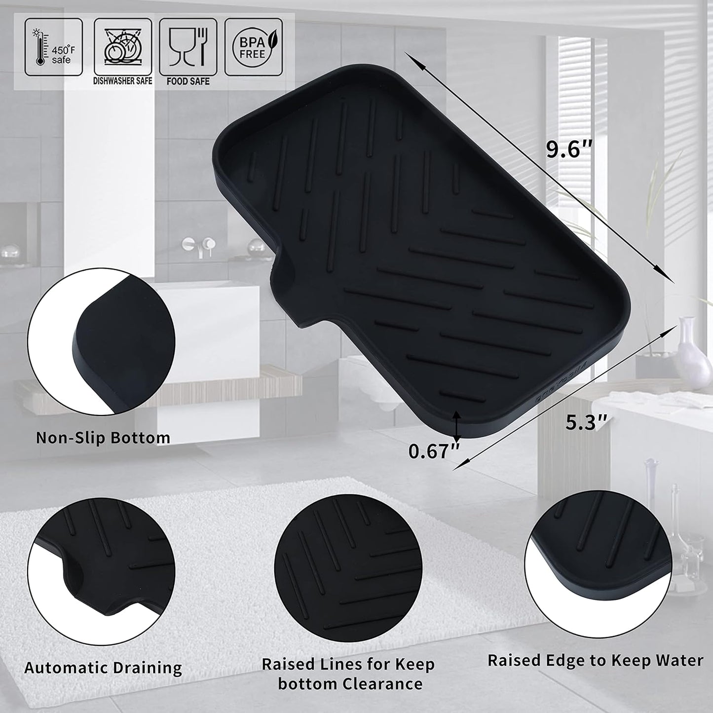 MicoYang Silicone Bathroom Soap Dishes with Drain Spout-Bathroom and Kitchen Sink Organizer,Sponge Holder,Dish Soap Tray,Perfect for Dispenser,Scrubber,Bottle,Cup on Sink or Counter-Black 4.9"×3.2"