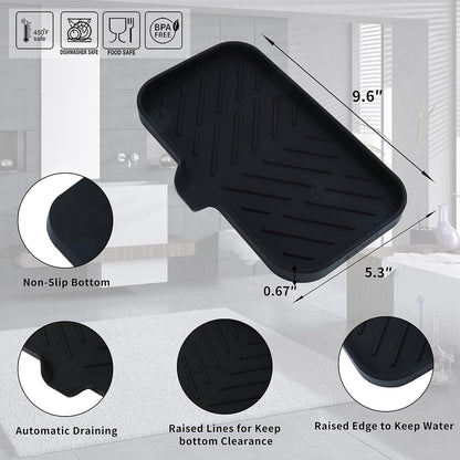 MicoYang Silicone Bathroom Soap Dishes with Drain Spout-Bathroom and Kitchen Sink Organizer,Sponge Holder,Dish Soap Tray,Perfect for Dispenser,Scrubber,Bottle,Cup on Sink or Counter-Black 4.9"×3.2"