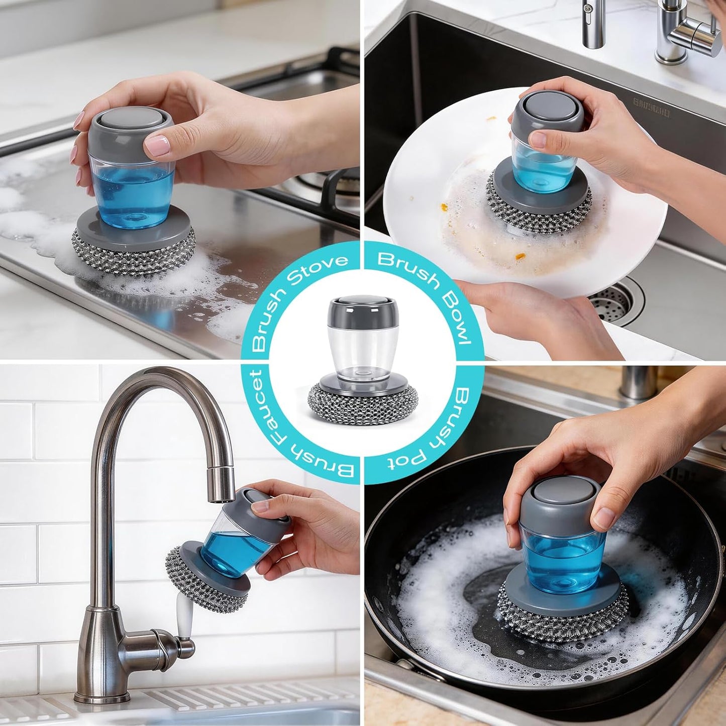 Comfort Grip Soap Dispensing Kitchen Scrub, 2026 Soap Dispenser Cleaning, Soap Dispensing Dish Brush, Replaceable Clean Brush for Cleaning Dishes, Pots, Pans & Sinks (1 + 4pcs Balls)