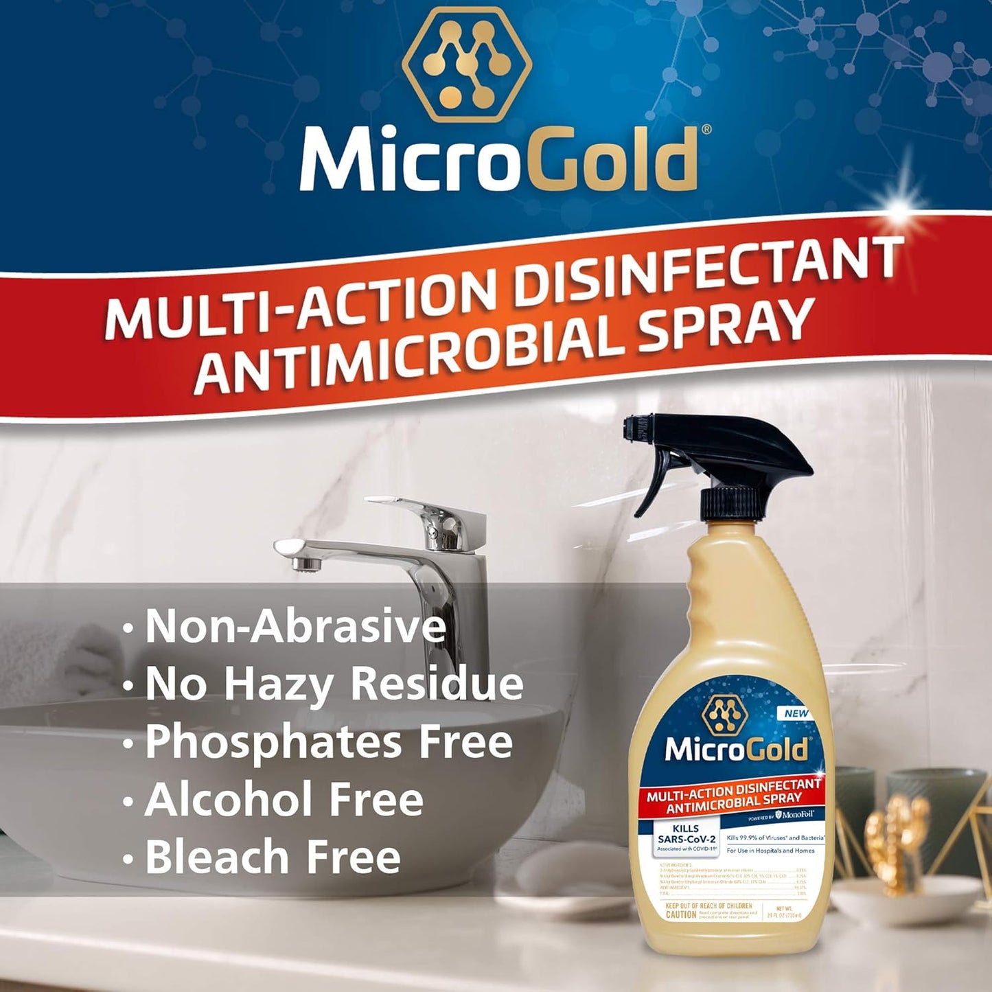MicroGold Multi-Action Disinfectant Antimicrobial Spray Tested and Proven Effective to Kill the COVID-19 Virus, Kills 99.9% of Viruses and Bacteria, 24 Fluid Ounces, 1 Pack, Packaging May Vary