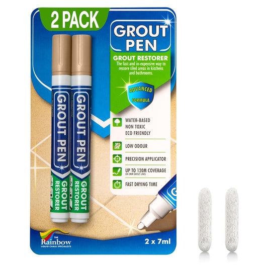 Grout Pen White Tile Grout Paint Marker: Waterproof Tile Grout Colorant and Sealer Pens for Cleaner Looking Floors & Whitener Without Bleach - Narrow 5mm, 2 Pack with Extra Tips (7mL) - White