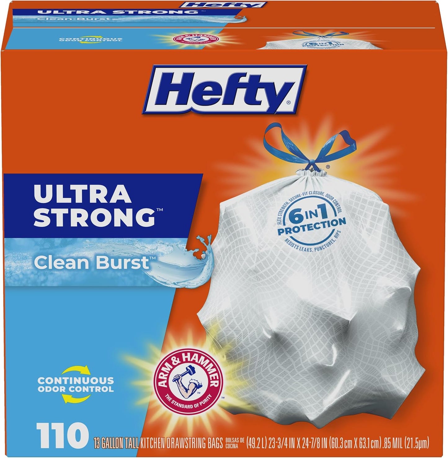 Hefty Ultra Strong 13 Gallon Trash Bags, Tall Kitchen Trash Bags 13 Gallon Size, Drawstring Closure, Continuous Odor Control, White, Lavender and Sweet Vanilla Scent, 110 Bags