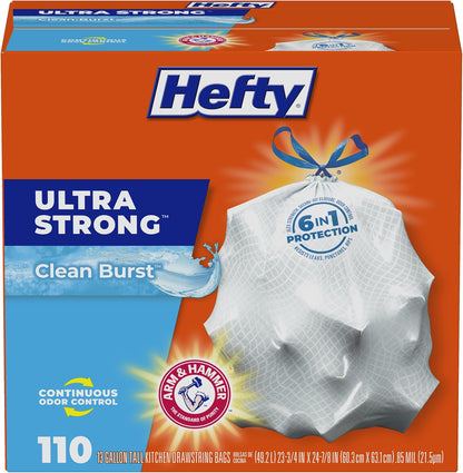 Hefty Ultra Strong 13 Gallon Trash Bags, Tall Kitchen Trash Bags 13 Gallon Size, Drawstring Closure, Continuous Odor Control, White, Lavender and Sweet Vanilla Scent, 110 Bags