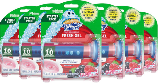 Scrubbing Bubbles Fresh Gel Toilet Bowl Cleaning Stamps, Automatic & Continuous Bathroom Toilet Cleaner Helps Prevent Limescale, Rings & Build-Up, Berry Burst, 1 Dispenser, 6 Stamps (6 Pack)