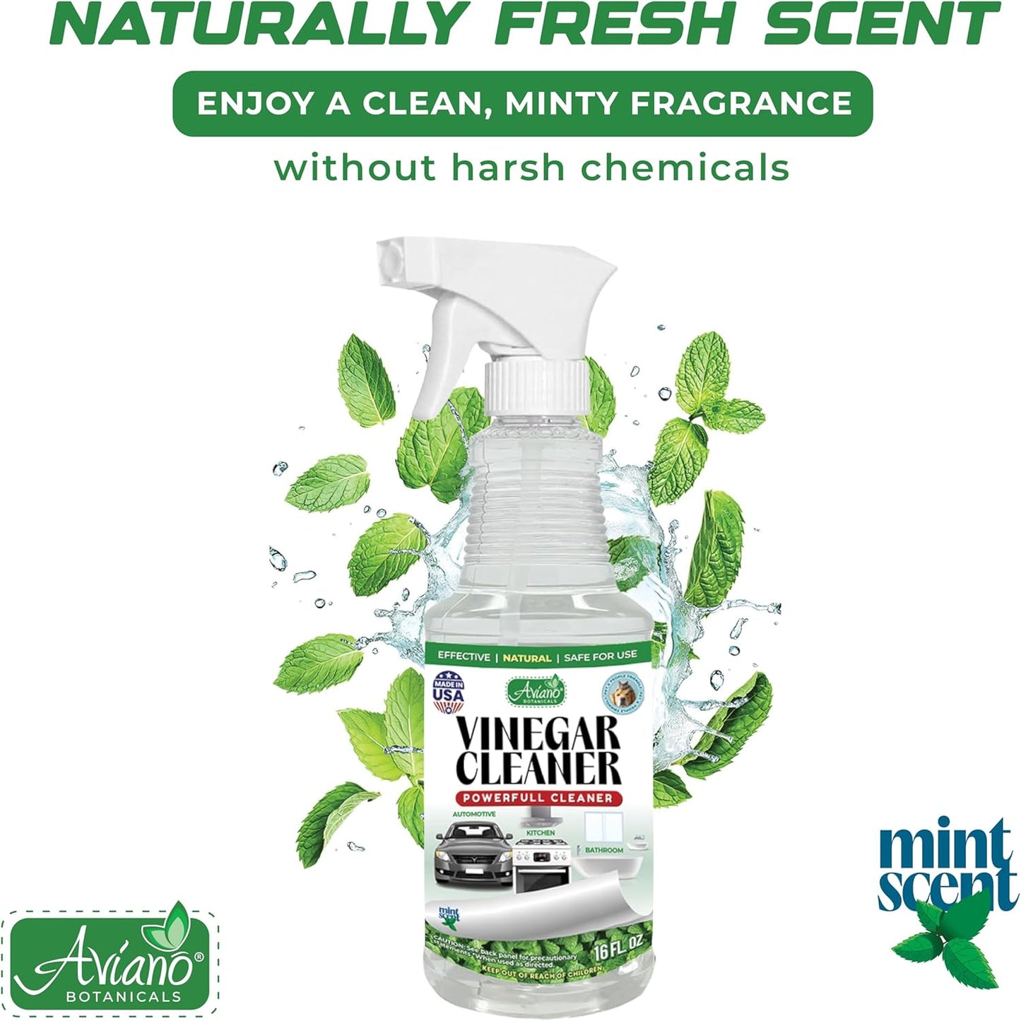 Aviano Botanicals Vinegar Cleaner, Made in USA - 16 Fl Oz Vinegar Cleaning Spray – Safe, Non-Corrosive, Pet & People Friendly, Eco-Friendly Mint Scent for Kitchen, Auto, Floors, Glass, Baths and more