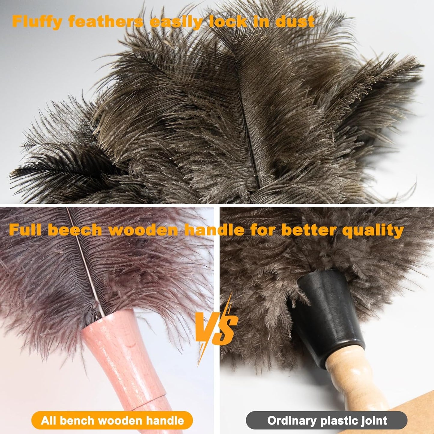 Ostrich Feather Duster, Natural Fluffy Reusable Real Eco-Friendly Genuine Soft Handheld Feather Dusters for Cleaning Supplies, Blinds, Office, Car(15 inch)