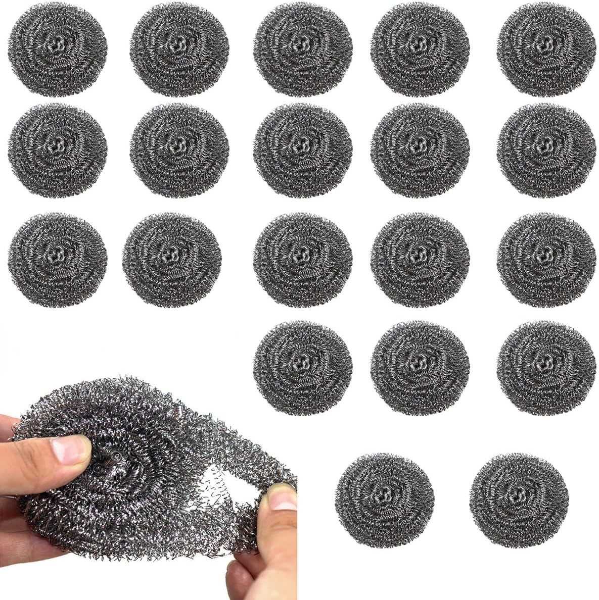 20 Pack Steel Wool Scrubbers, 2.36 Inch Stainless Steel Cleaning Pads, Heavy Duty Scouring Pads for Pots and Pans, Non-Scratch Kitchen Scrubber for Dishes, Grills, and Cookware