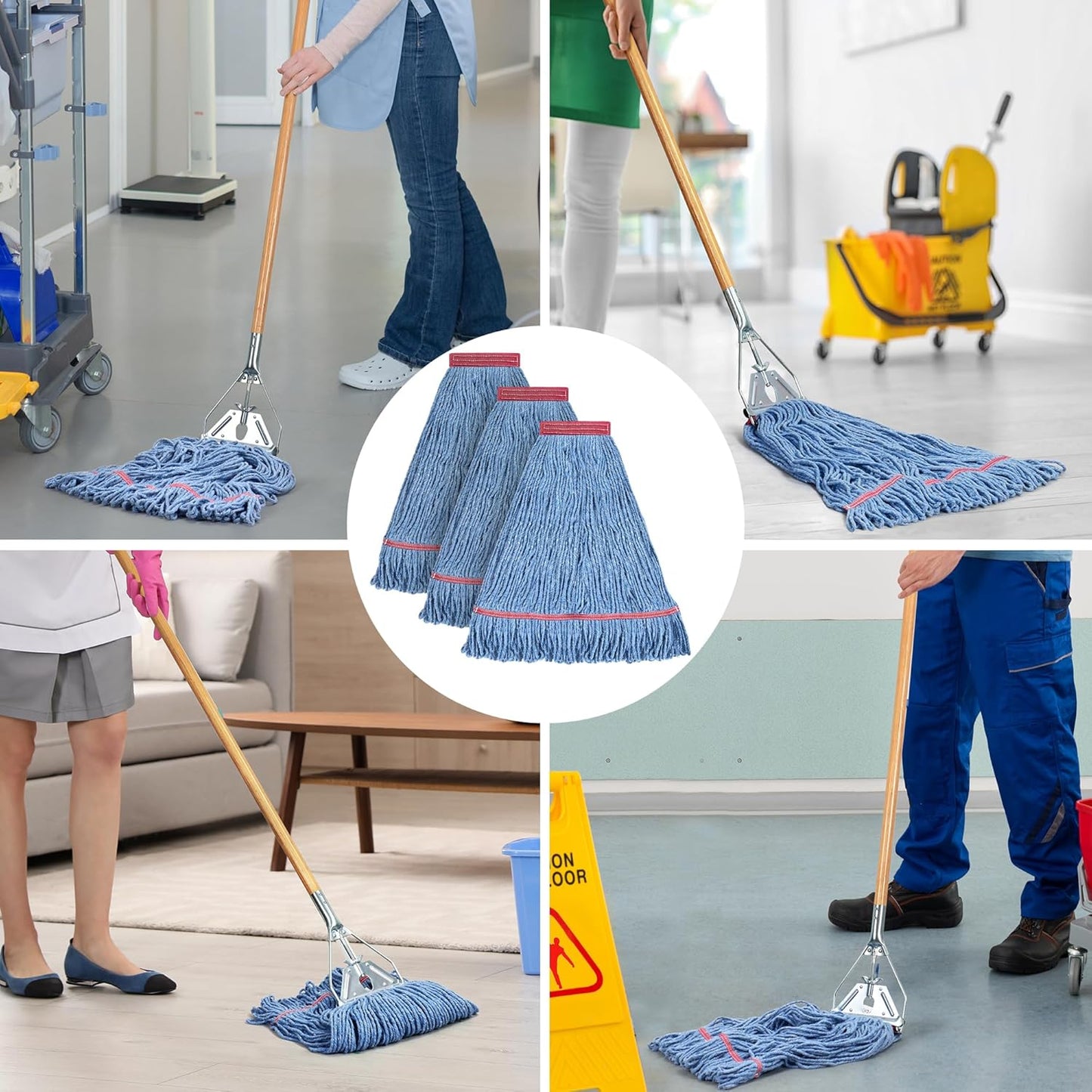 Matthew Cleaning Heavy Duty Mop Head Commercial Replacement for General and Floor Cleaning , Wet Industrial Blue Cotton Looped End String Head Refill (Pack of 6) Blue