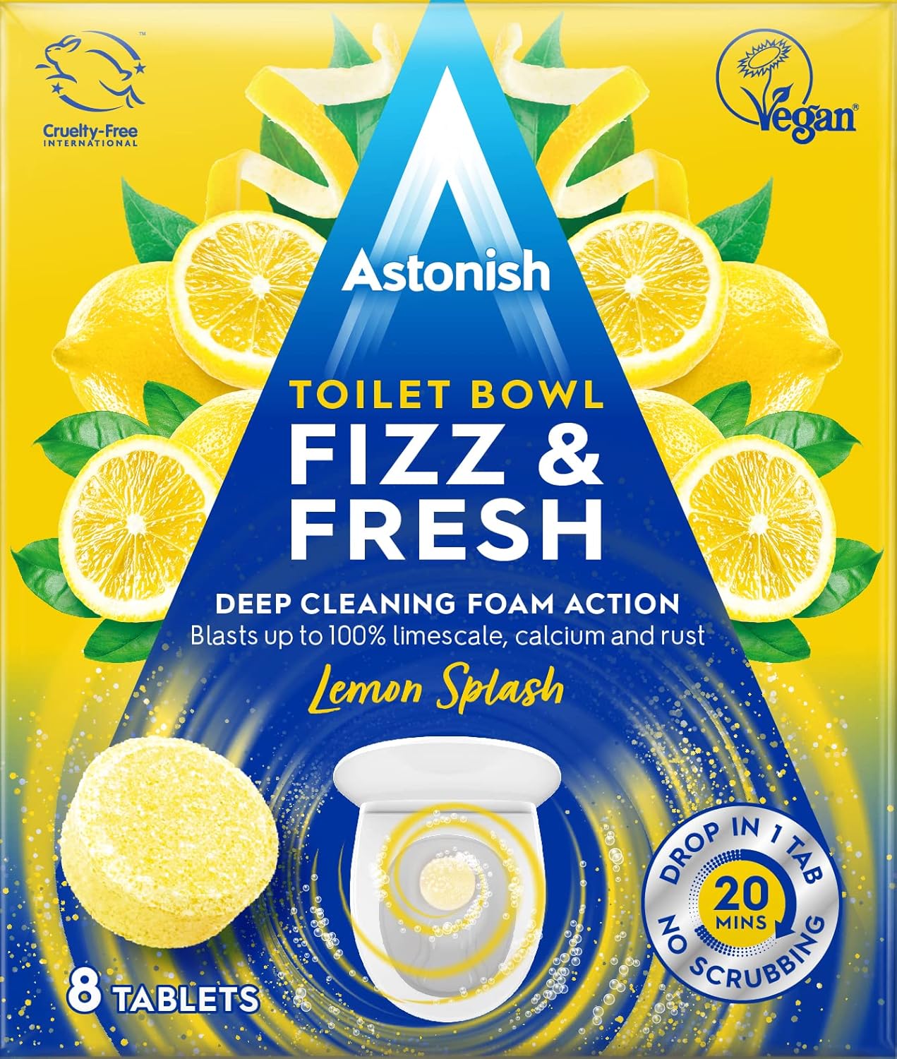Astonish Foaming Pink Peony Toilet Bowl Cleaner - Deep Cleaning Limescale, Calcium & Rust - No Bottle, Removes Hard Stains - Box of 8 Tablets