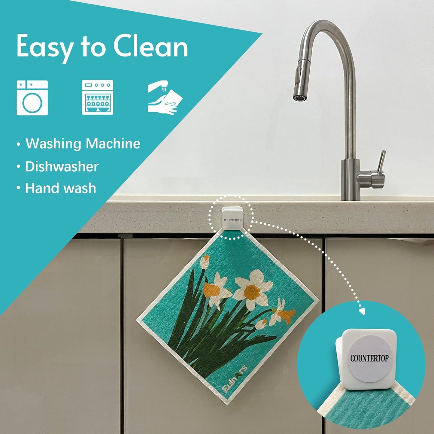 Eulnars Swedish Dishcloths for Kitchen, 8 Pack Reusable Paper Towels with Clips, Non-Scratch Swedish Kitchen Towels, Super Absorbent Cellulose Sponge Cloths, Dishwasher Safe, No Odor