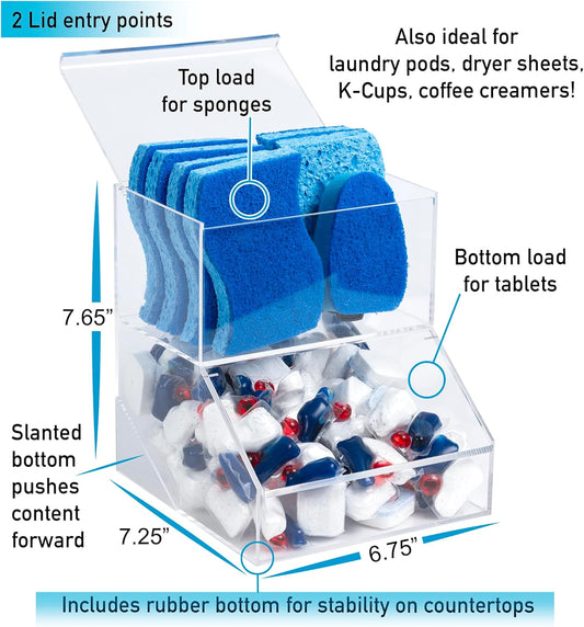 IneVibe Acrylic Dishwasher Pods & Sponge Holder w/Lids - 2 Compartment Container for Storing Detergent Tablets, Dryer Sheets, Laundry Pods for Kitchen Sink Organization