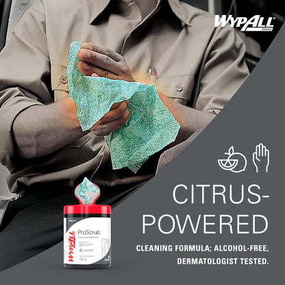 WypAll PowerClean ProScrub Heavy Duty Wet Towels (91371), Dual Action Cleaning, Large 9.5" x 12" Wipes, Bucket Included (6 Containers of 75 Sheets, 450 Sheet Total)