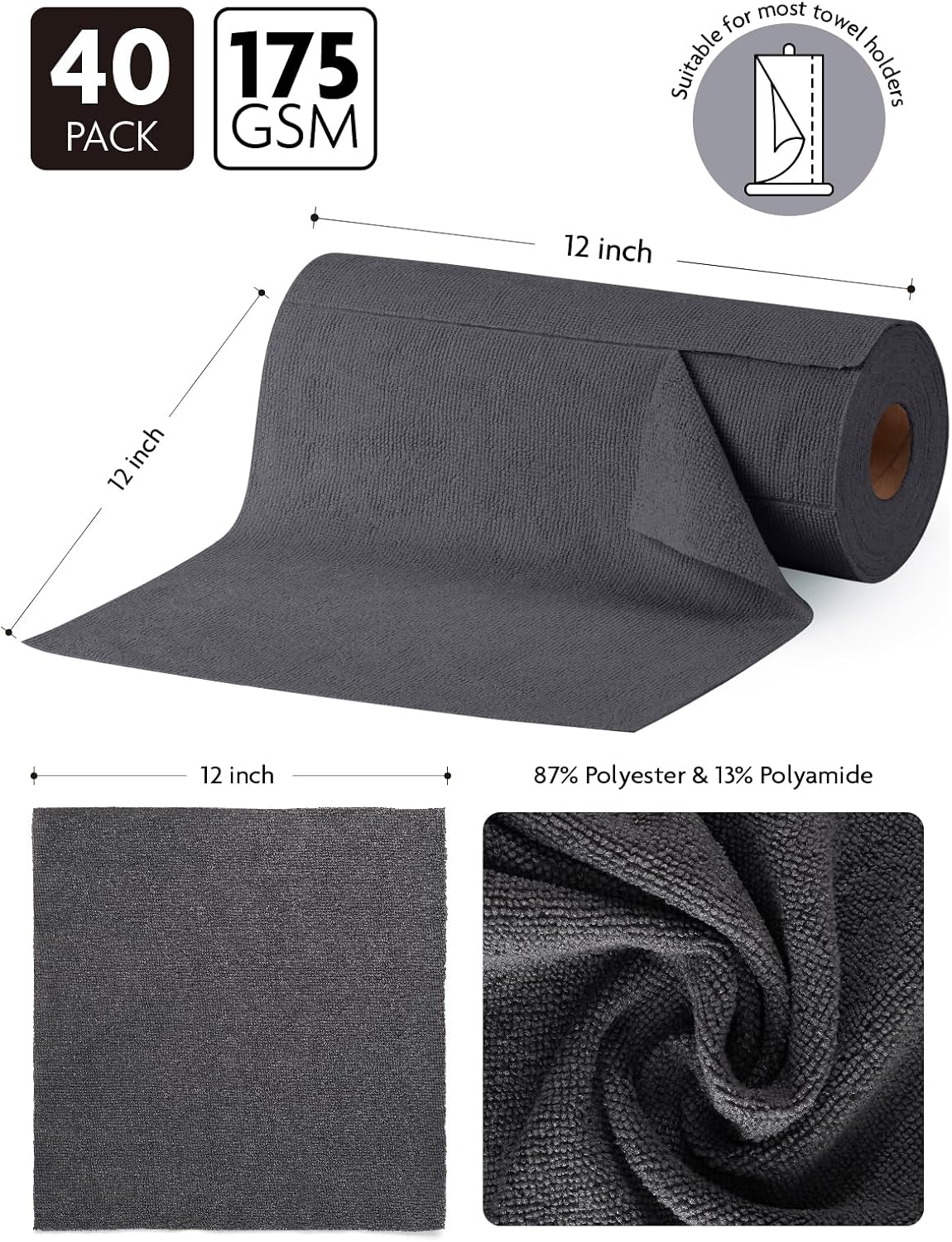 Fantasticlean Microfiber Cleaning Cloth Roll -40 Pack, Tear Away Microfiber Towels, 12" x 12", Reusable, Washable, Scratch Free, Ultra Absorbent Dishcloth for All-Around Cleaning Supplies (White)