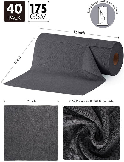 Fantasticlean Microfiber Cleaning Cloth Roll -40 Pack, Tear Away Microfiber Towels, 12" x 12", Reusable, Washable, Scratch Free, Ultra Absorbent Dishcloth for All-Around Cleaning Supplies (White)