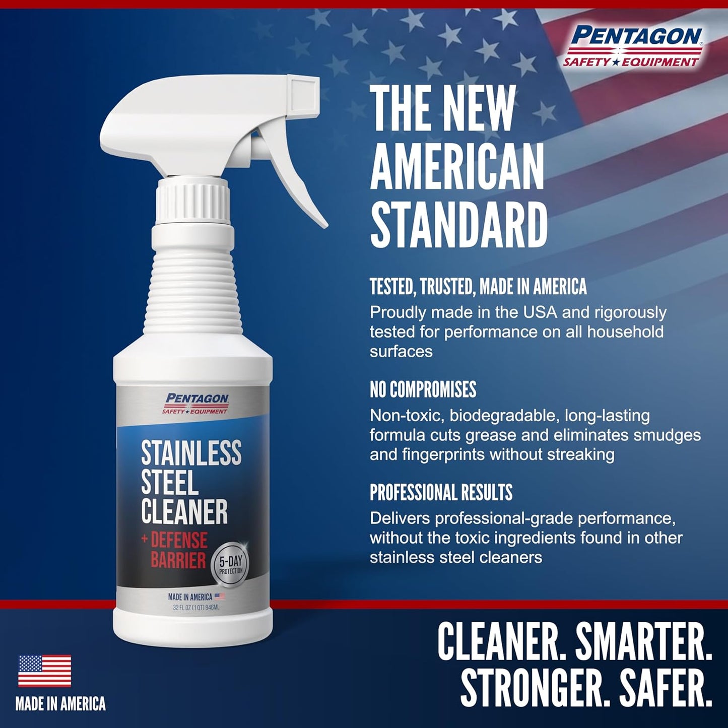 PENTAGON SAFETY EQUIPMENT Stainless Steel Cleaner Spray, 5 Day Nano Barrier Protection, Safe around pets, Unscented, Made in USA