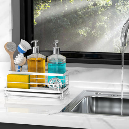 Cisily Black Sponge Holder for Kitchen, Sink Caddy Sink Organizer Rack for Kitchen Accessories with Drip Tray, Rustproof and Non-slip, Soap Dispenser Countertop Organizer Essentials for New Home