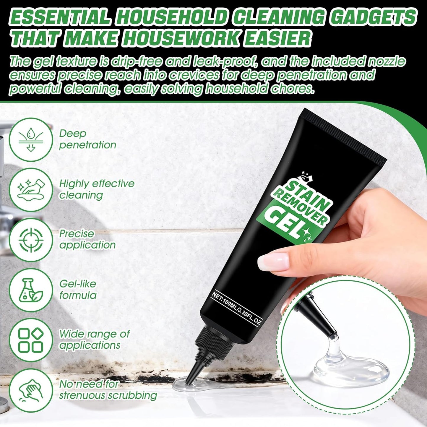 Home Stain Cleaner, Stain Remover Gel with Pointed Nozzle Highly Effective Stain Removal Gentle and Does Not Damage The Surface Multi-Purpose Cleaning for Kitchen and Bathroom, 3.33 OZ