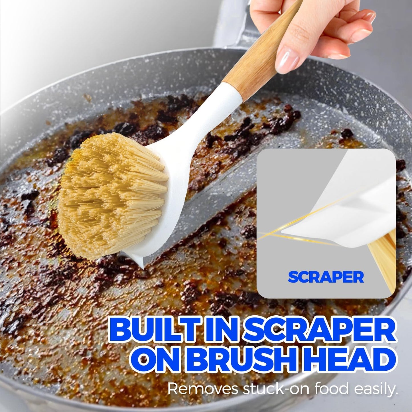 Holikme 3 Pack Dish Brush Set with Bamboo Handle, Kitchen Brushes for Cleaning Pot, Sink and Stove, Skillet Scrubber with Tough Bristles for Cast Iron Grill Pan, Yellow White Black