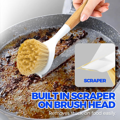 Holikme 3 Pack Dish Brush Set with Bamboo Handle, Kitchen Brushes for Cleaning Pot, Sink and Stove, Skillet Scrubber with Tough Bristles for Cast Iron Grill Pan, Yellow White Black