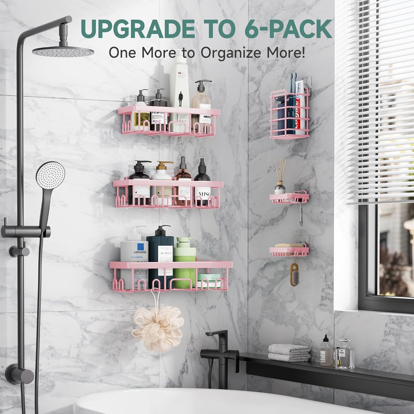 Veken Shower Caddy 6-Pack, Advanced Rustproof Design, No Drilling Adhesive Shelves, Rack with Soap Holder, Large Capacity Bathroom Organizers and Storage, Wall-Mounted, Gifts for Women Mom
