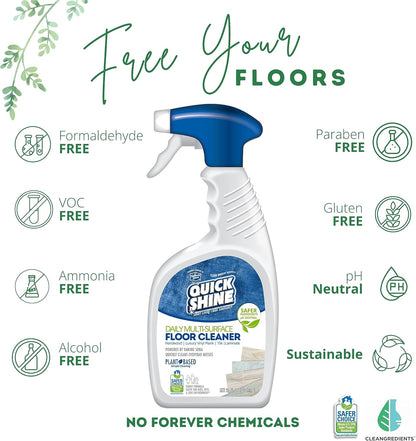 Quick Shine Multi Surface Floor Cleaner 64oz, Ready to Use-Streak Free-No Rinse, Use on Hardwood, Laminate, Luxury Vinyl Plank & Stone, Use in Spray Mops & Vac Mops, Safer Choice Cleaner