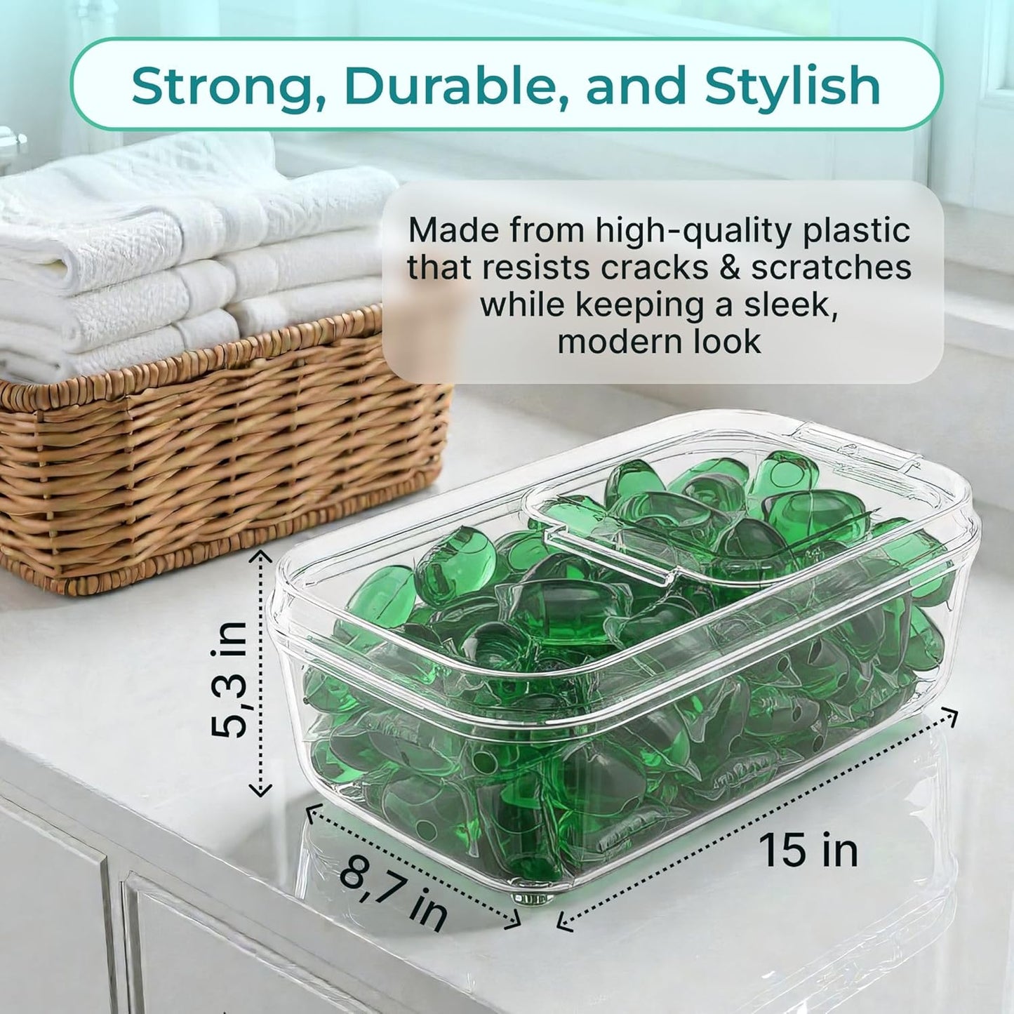Skywin TidyFriend Laundry Pods Container with Lift Up Lid, 12.4" x 6.5" x 8.7", Airtight Storage Keeps Pods Fresh, Laundry Detergent Container & Dishwasher Pod Holder (Grey)