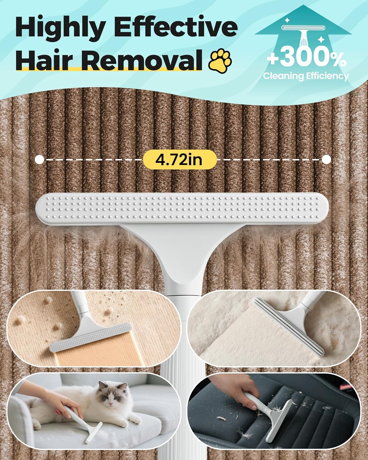 Carpet Rake for Pet Hair Removal Tool - 4 in 1 Pet Hair Remover Kit for Dog Cat Fur Remover, Contain 60" Adjustable Rubber Broom, Glove, Magic Brush and Scraper for Furniture,Short Pile Carpets, Mats