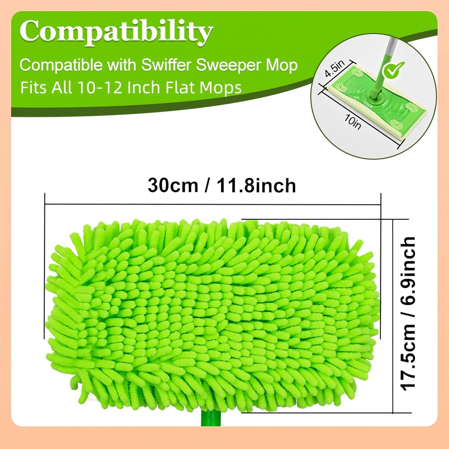 4-Pack Thickened Heavy-Duty Chenille Mop Pads Compatible with Swiffer and All Other 10-12 Inch Mops, Reusable Wet & Dry Mop Refills, Machine Washable for Hardwood, Tile, Laminate Floors
