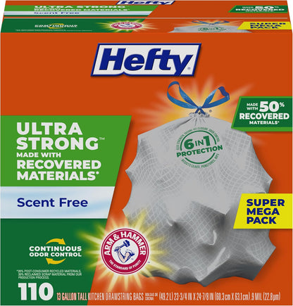 Hefty Ultra Strong 13 Gallon Trash Bags, Tall Kitchen Trash Bags 13 Gallon Size, Drawstring Closure, Continuous Odor Control, White, Unscented, 80 Bags