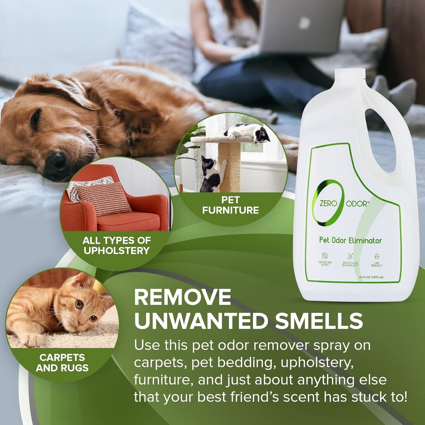 Zero Odor - Pet Odor Eliminator - Permanently Eliminate Air & Surface Odors – Patented Molecular Technology Best For Carpet, Furniture, Pet Beds - Smell Great Again (Over 400 Sprays Per Bottle)
