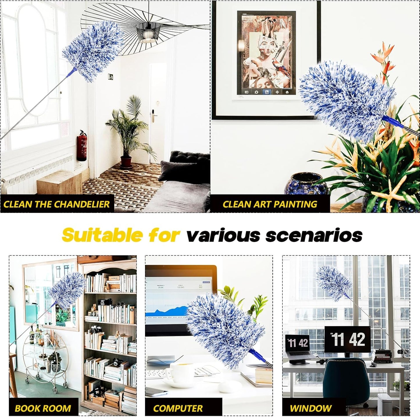 20-49inches Extendable Microfiber Feather Duster with 10pcs Replaceable Heads, Extra Long Bendable Duster for Cleaning, Electrostatic Dust Remove for Furniture, Ceiling, Window,etc (Navy Blue)