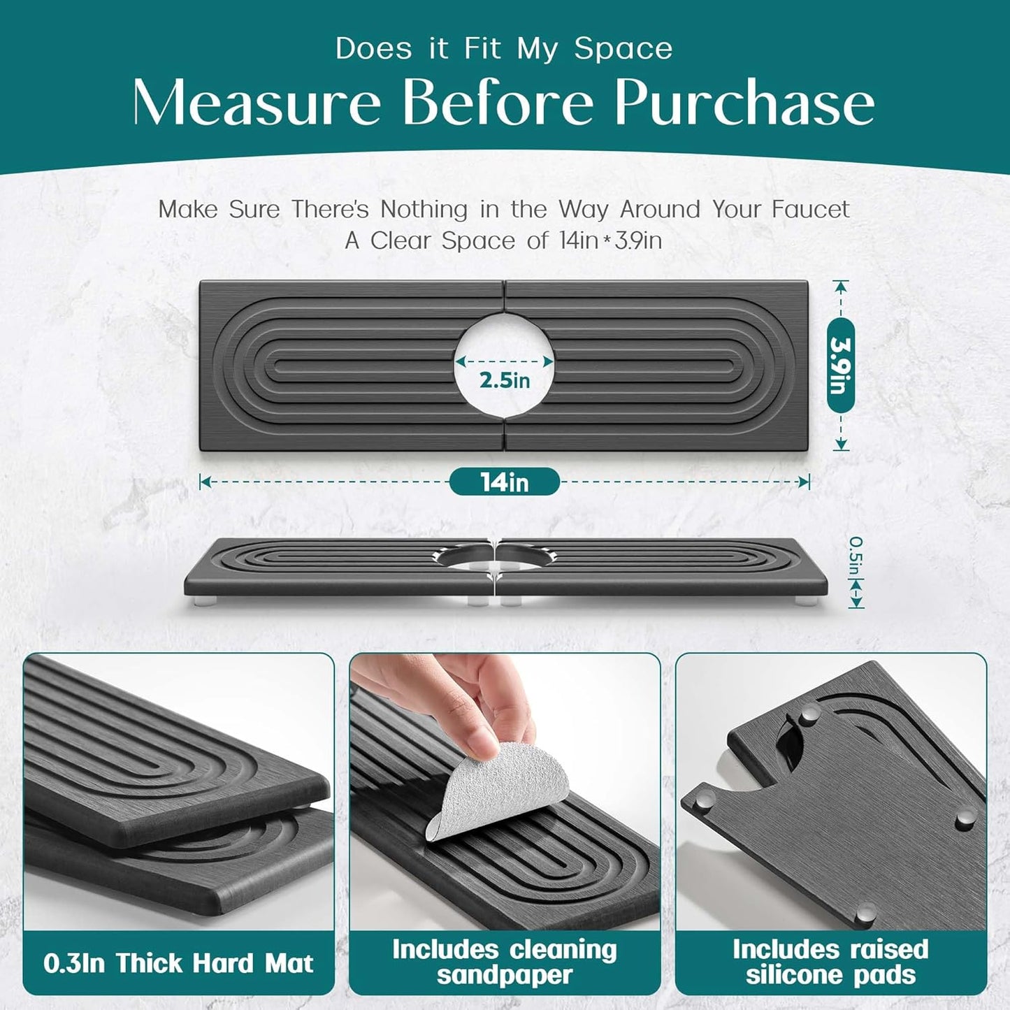 Eormoe Faucet Mat for Kitchen Sink – Diatomite Stone Drying Mat & Sink Protectors, Prevent Moisture – Sink Splash Guard Water-Absorbing Stone Tray for Bathroom Counter (Light Grey, 23.6" x 3.9")