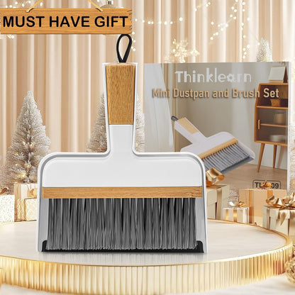 THINKLEARN Mini Dustpan and Brush Set, Portable Broom and Dustpan Combo Set with Bamboo Handle, Handheld Broom Set for Cleaning Desk Drawers Sofas and RV