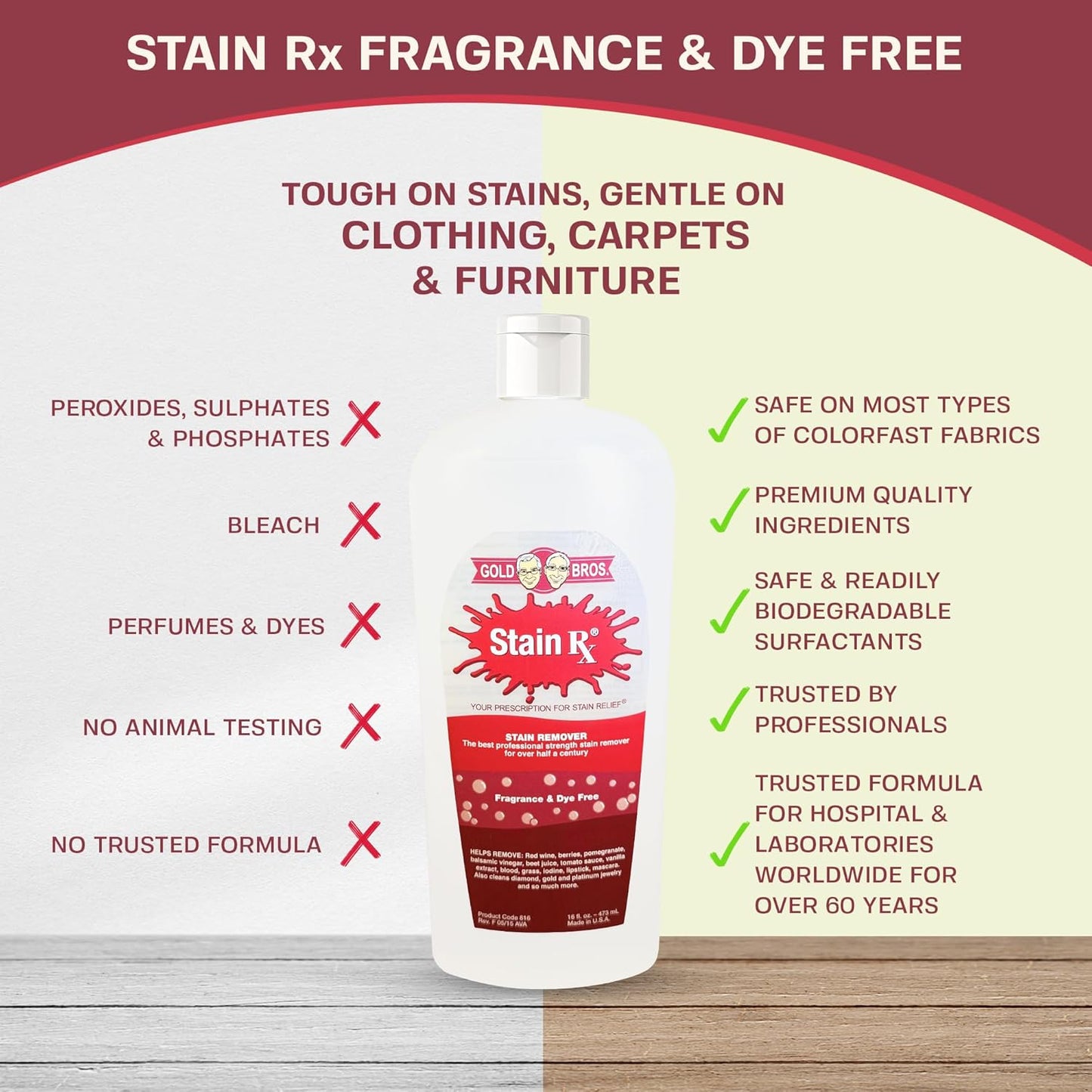 Stain Remover, Effectively Eliminates Stains from Wine, Berries & Blood on Fabrics, Carpets, Upholstery & Jewelry, Dye-Free, Free from Bleach, Peroxides & Phosphates, Made in USA, 10 oz