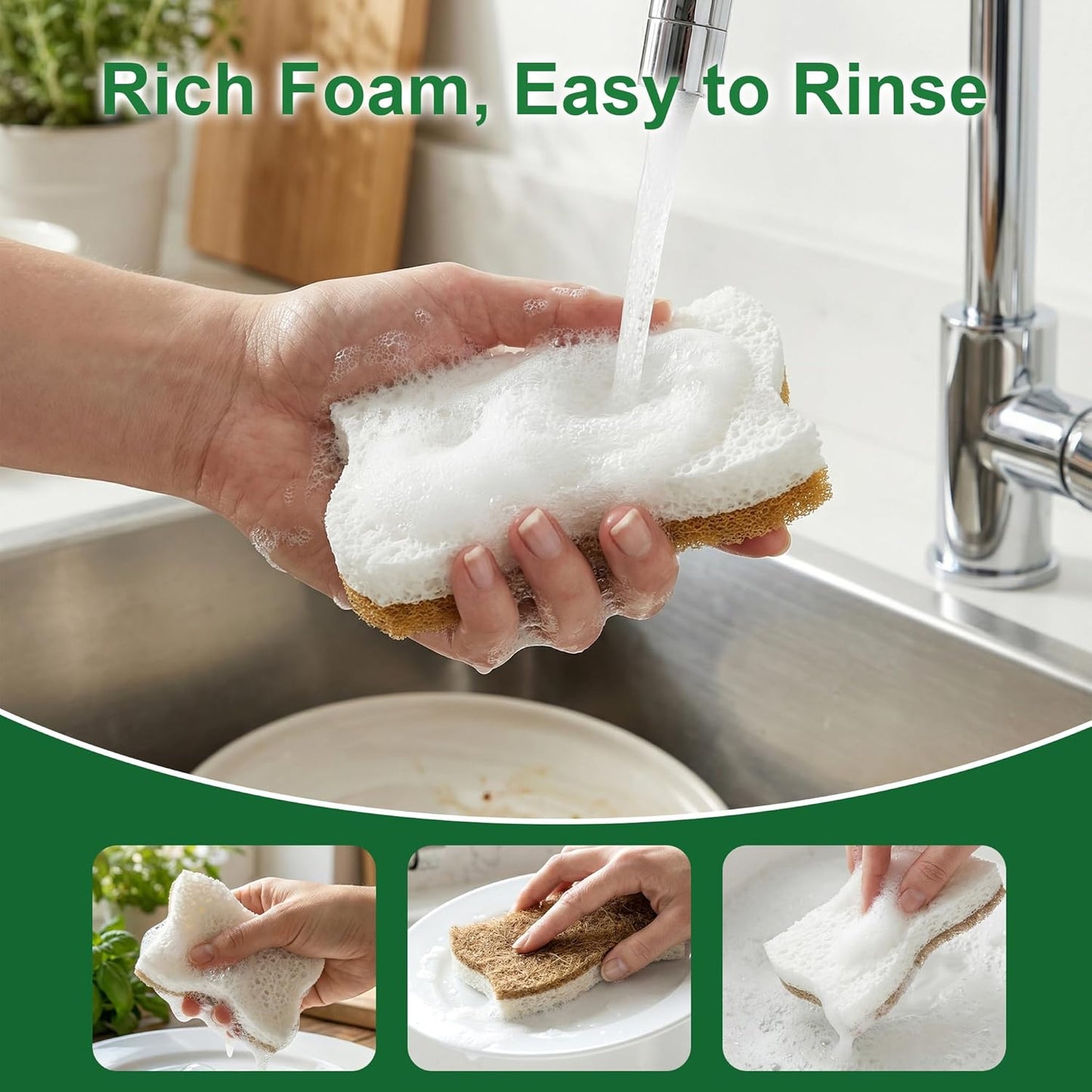 LILAC Natural Cellulose Sponges for Dishes - Ergonomic Non-Scratch Kitchen Scrub Sponges - 100% Biodegradable & Eco-Friendly Cleaning Sponges for Non-Stick Cookware, Bathroom & Household (10 Pack)