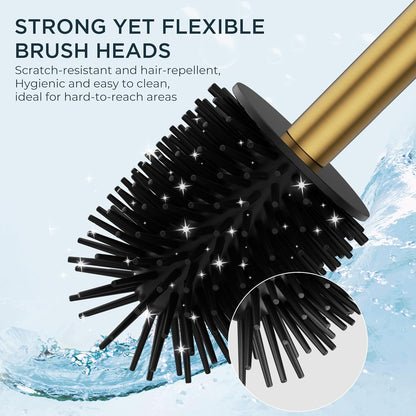 FORIOUS Toilet Brush and Holder Set, Heavy Duty 304 Stainless Steel Base Square and Long Handle for Bathroom Deep Cleaning, Drip-Proof, Space Saving for Storage, 2 Toilet Bowl Brush Head, Black