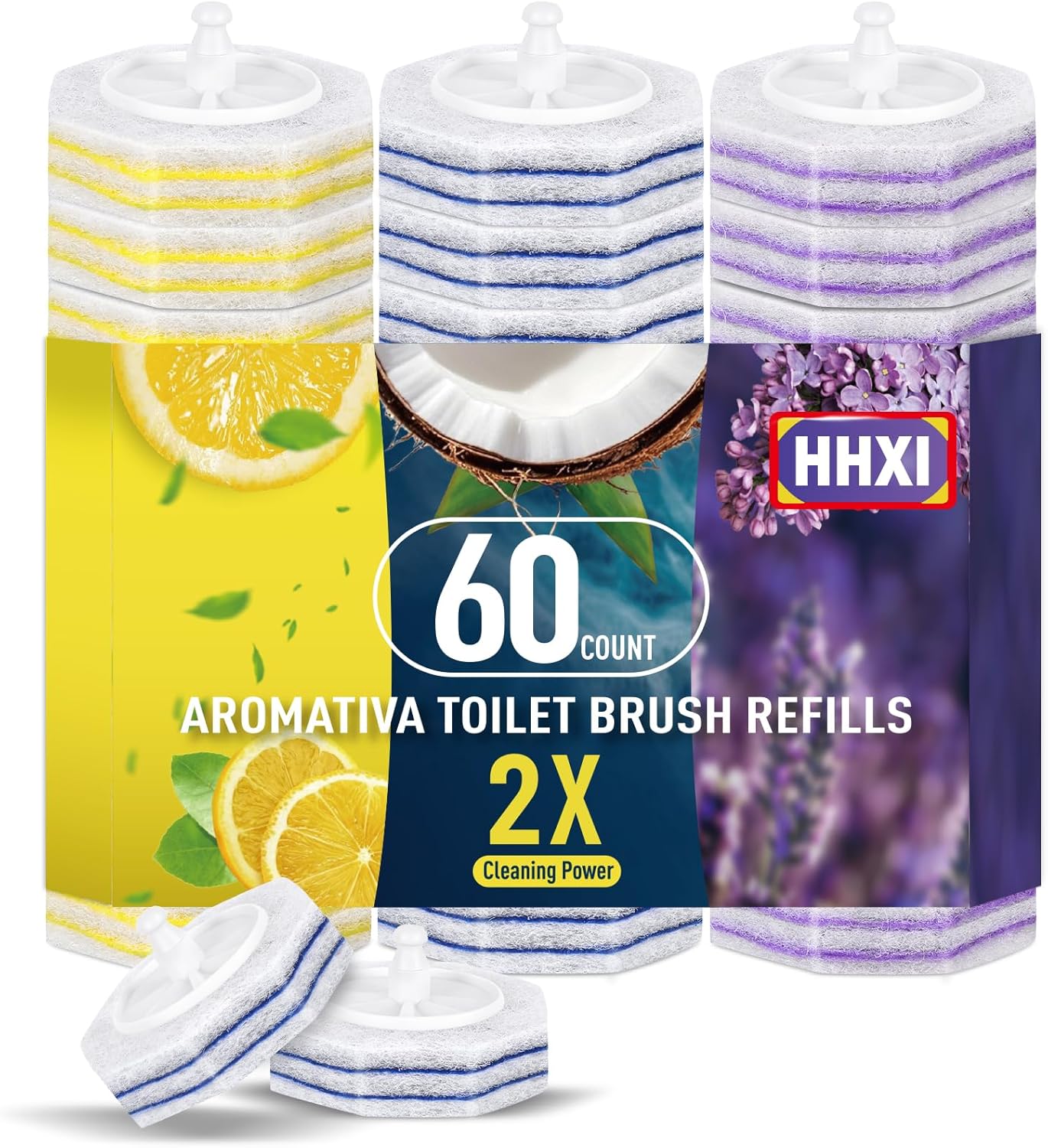 60Ct Aromative Toilet Brush Refills, Toilet Bowl Cleaner Refills, Double-Layer Cleaning Pads Added, Disposable Refill Heads for Toilet Bowl Cleaner Wands, Bulk （Patented）
