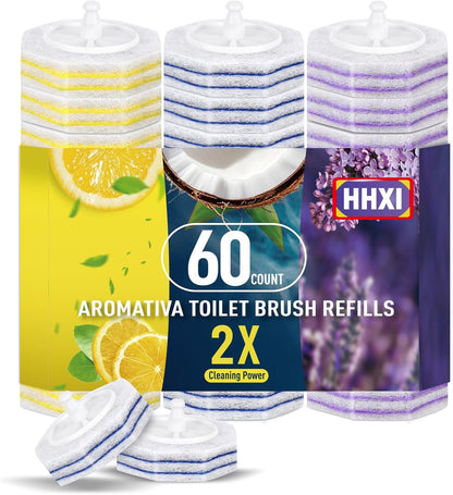 60Ct Aromative Toilet Brush Refills, Toilet Bowl Cleaner Refills, Double-Layer Cleaning Pads Added, Disposable Refill Heads for Toilet Bowl Cleaner Wands, Bulk （Patented）